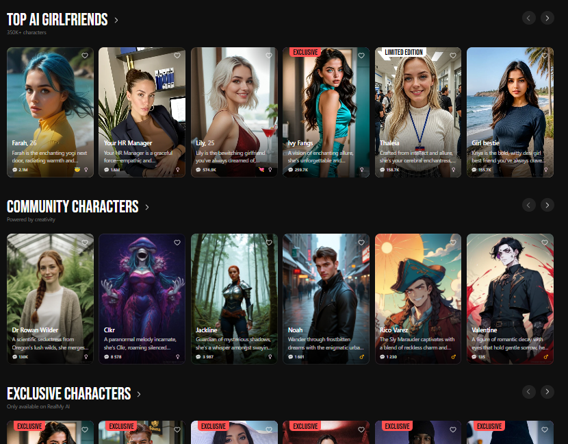 Lovescape character selection and platform interface preview